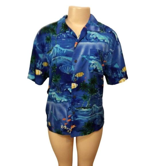 PINEAPPLE Connection Boy With Fish Short Sleeve Button Down Shirt  Size XL Blue - Picture 1 of 3